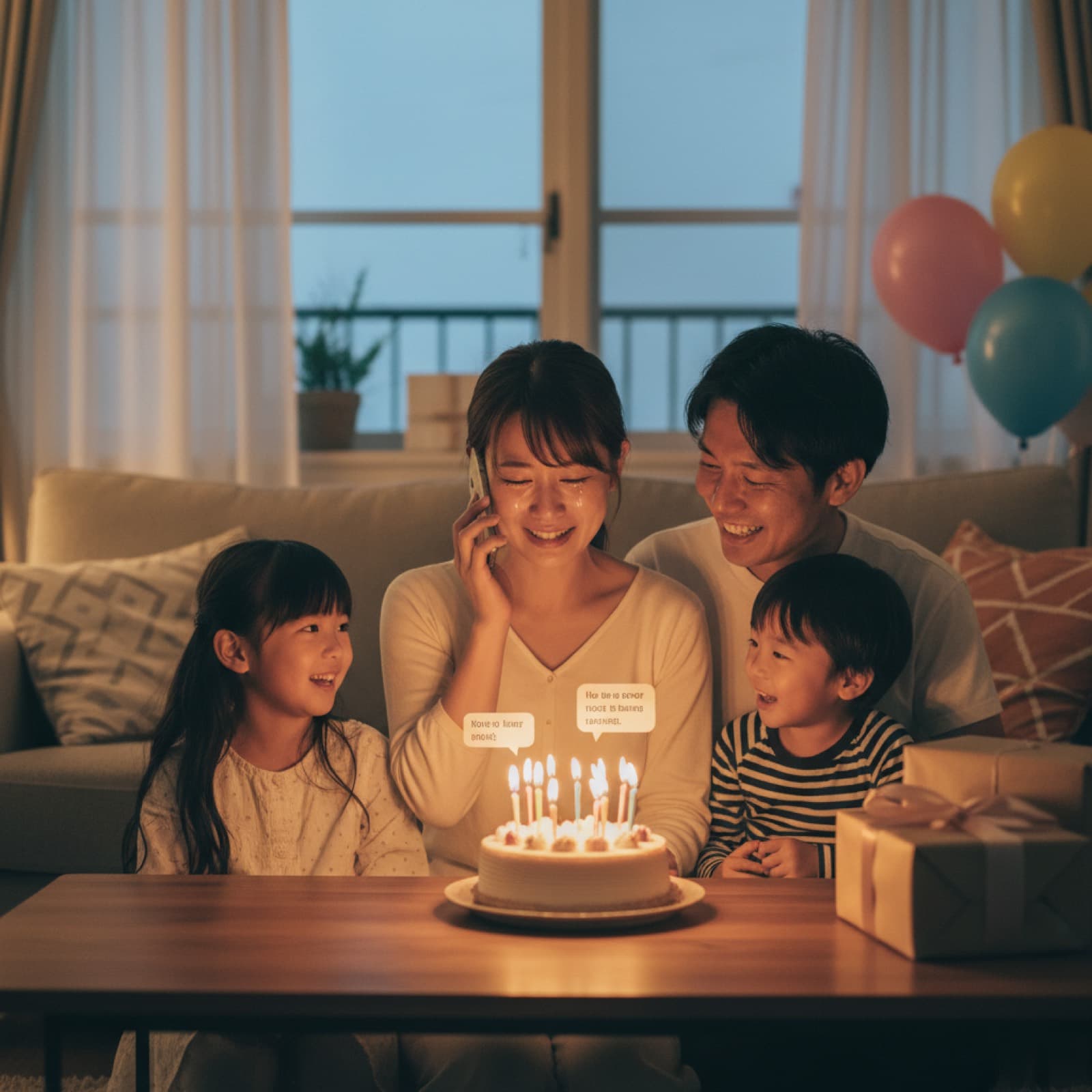 友達からの声のプレゼントを聴いて涙する女性