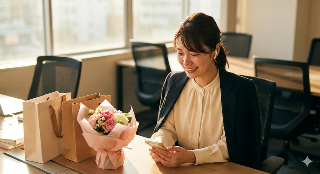 退職祝いの花束とスマホで声を聴く女性