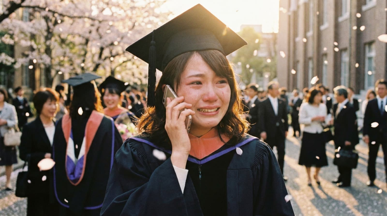 卒業式で声のメッセージを聴いて涙する女子大生