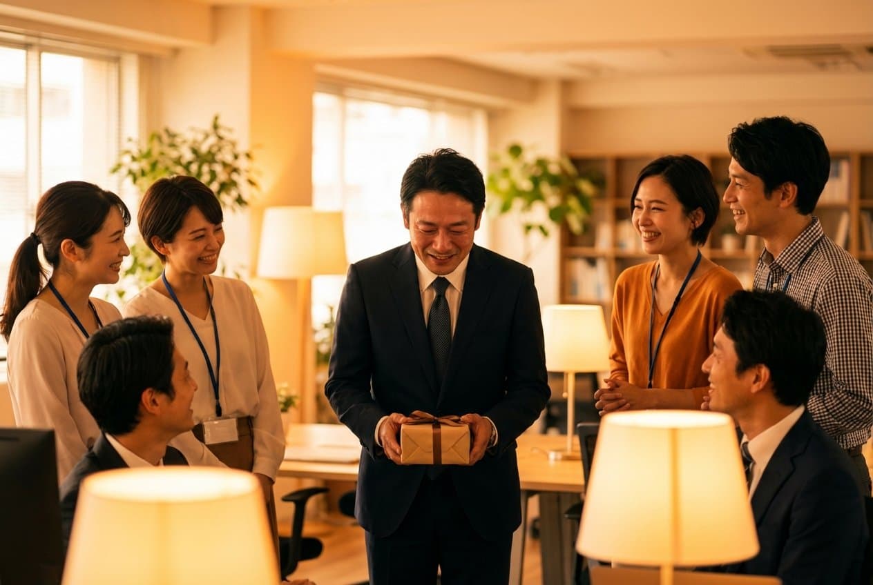 退職する同僚に花束とプレゼントを渡すオフィスのシーン